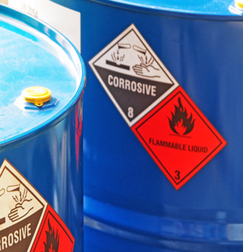 Laminated chemical proof labels stuck on barrels. 