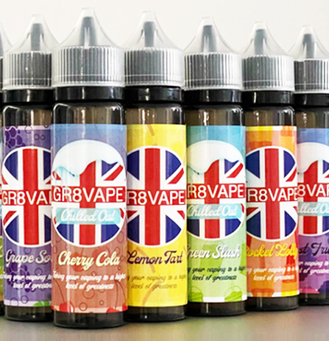 Custom vape labels stuck to e-liquid bottles.