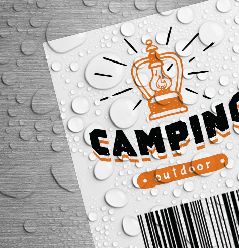 waterproof sticker stuck to metal with visible waterdroplets