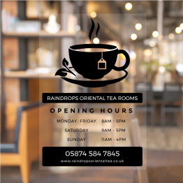 Tea Cup Minimal Opening Hours Window Decal